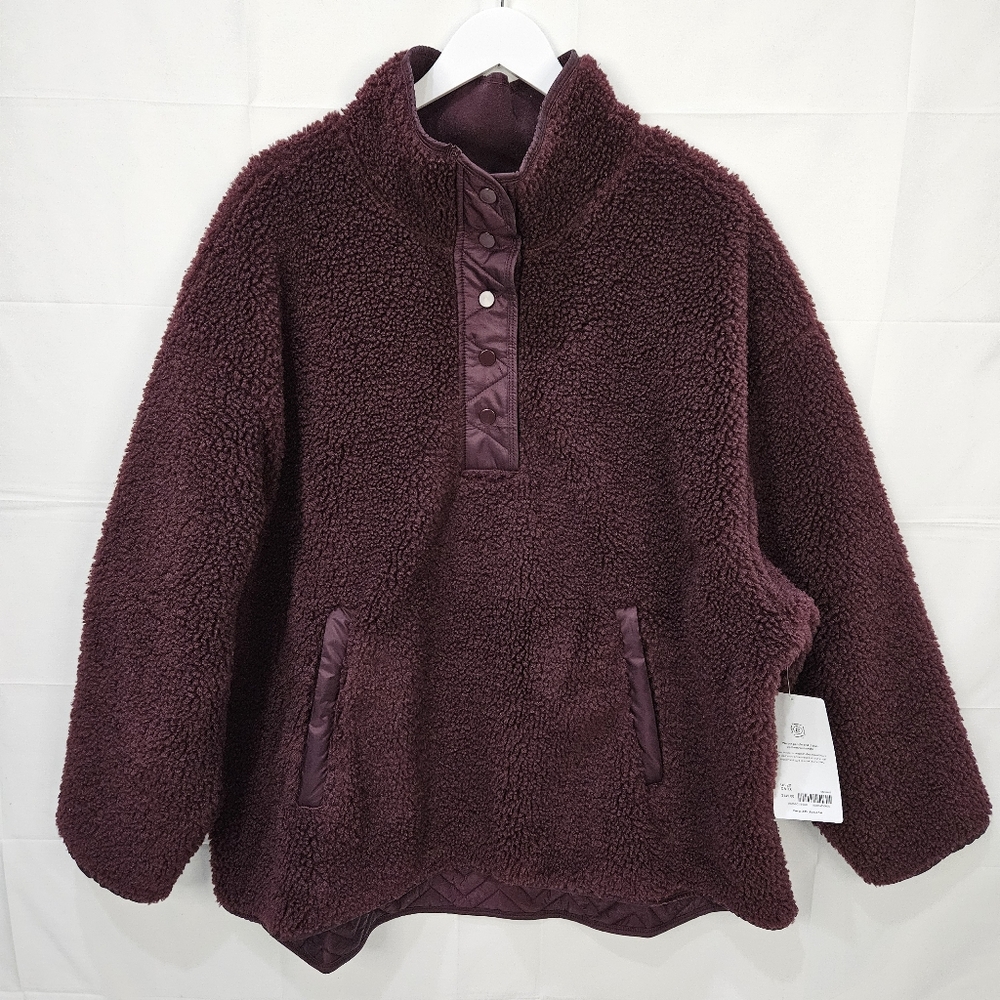 Athleta Sherpa Pullover Sweatshirt Half Button Up Plum Purple Size 2X. NWT!